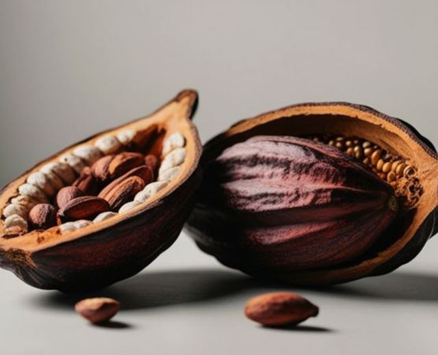 Cabosses de cacao ouvertes révélant des fèves utilisées pour la fabrication du chocolat