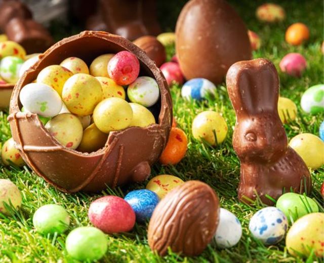 Easter eggs in a garden.