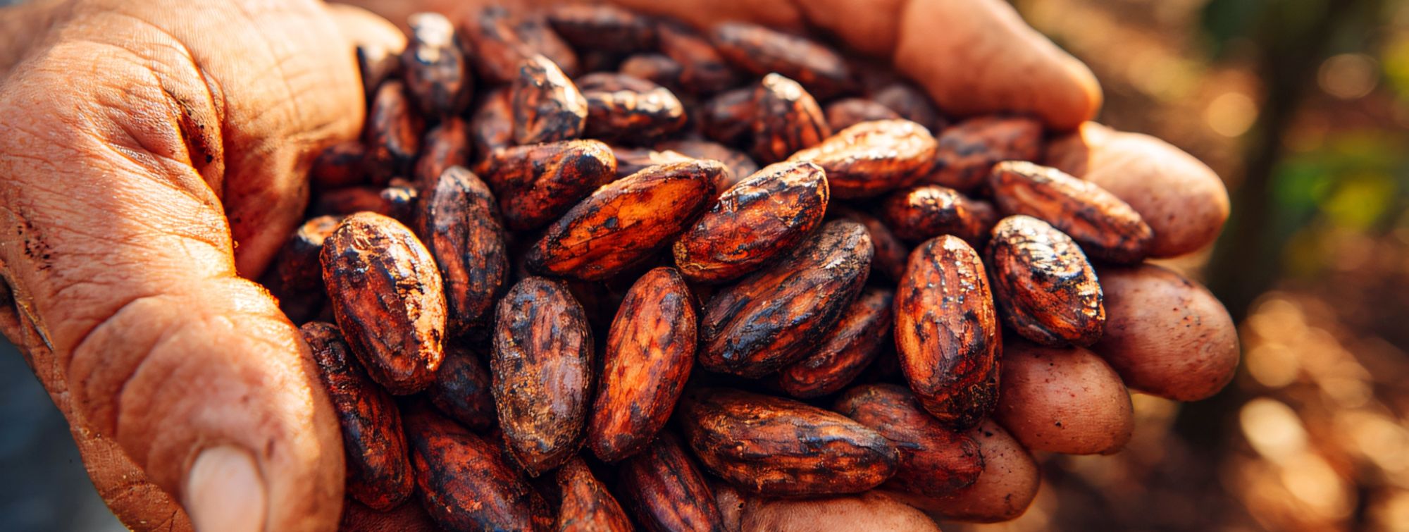 Hand with cocoa beans