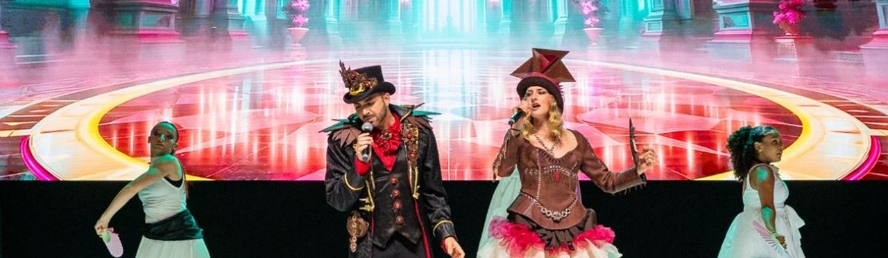 Showcasing chocolate costumes during the musical.