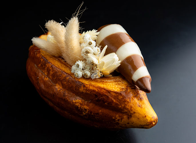 Chocolate pastry in the shape of a pod.